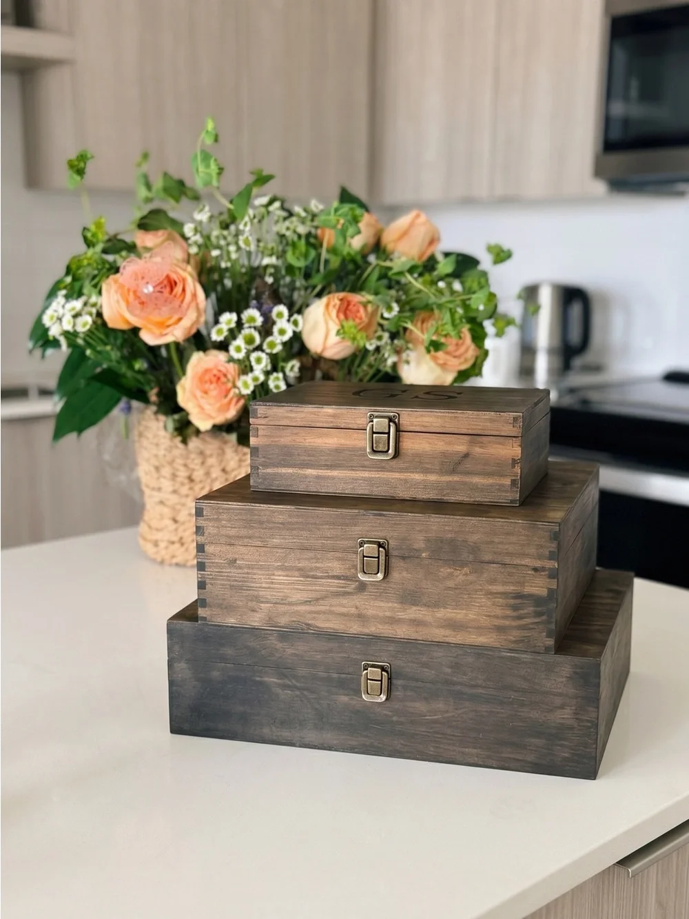 Personalized Wooden Keepsake Box Set in Rustic Brown